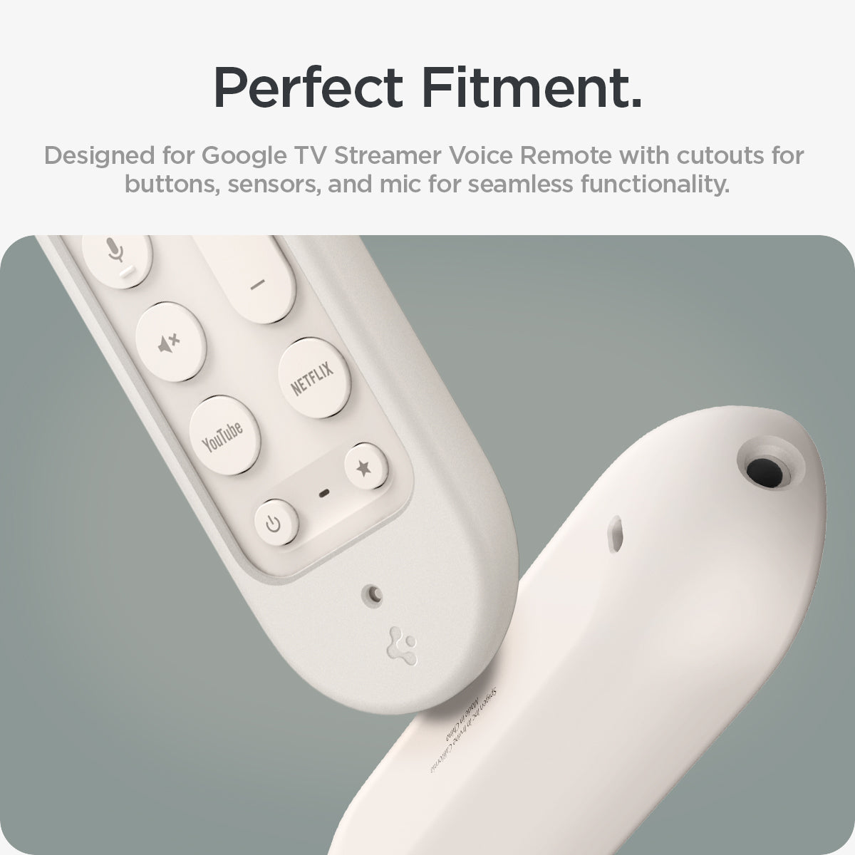 ACS07975 - Google TV Streamer Silicone Fit Voice Remote in Porcelain showing the perfect fitment. Designed for Google TV Streamer Voice Remote with cutouts for buttons, sensors, and mic for seamless functionality
