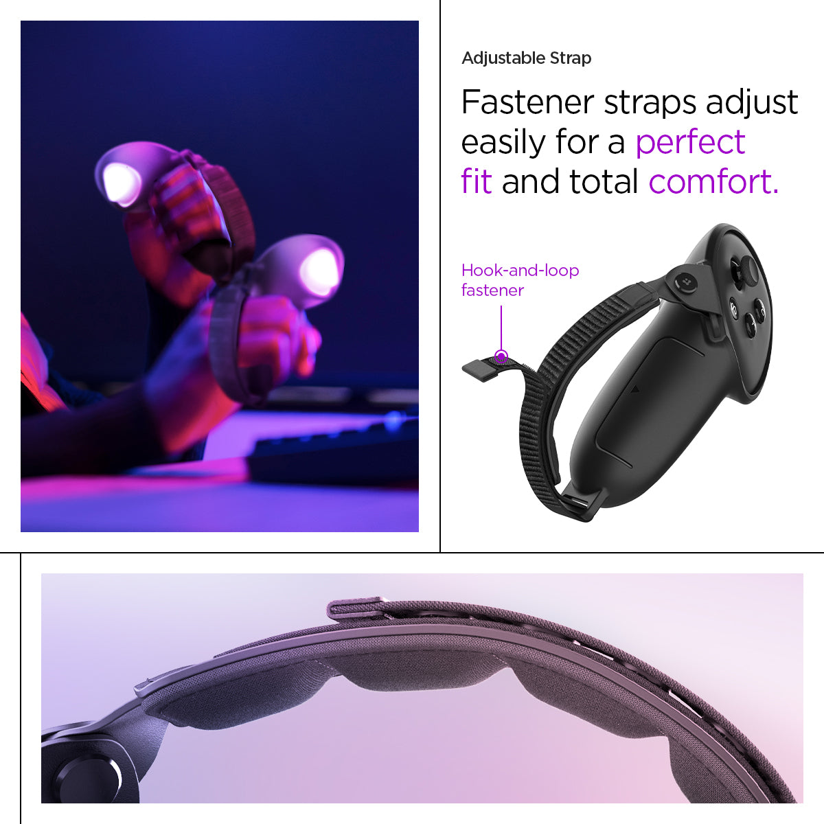 ACS07550 - Meta Quest 3 Case Silicone Fit in Black showing the adjustable strap. Fastener straps adjust easily for a perfect fit and total comfort. Hook-and-loop fastener