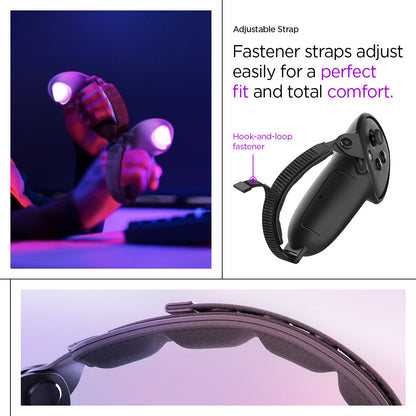 ACS07550 - Meta Quest 3 Case Silicone Fit in Black showing the adjustable strap. Fastener straps adjust easily for a perfect fit and total comfort. Hook-and-loop fastener