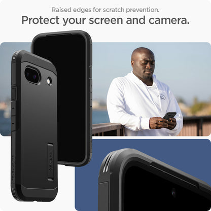 ACS07264 - Pixel 8a Case Tough Armor in Black showing the raised edges for scratch prevention. Protect your screen and camera