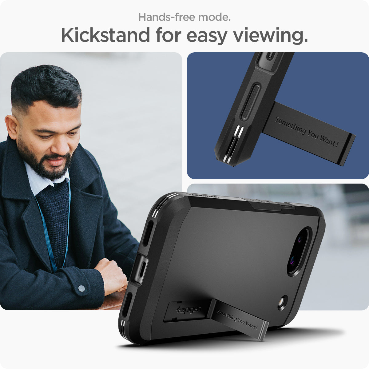 ACS07264 - Pixel 8a Case Tough Armor in Black showing the Hands-free mode. Kickstand for easy viewing