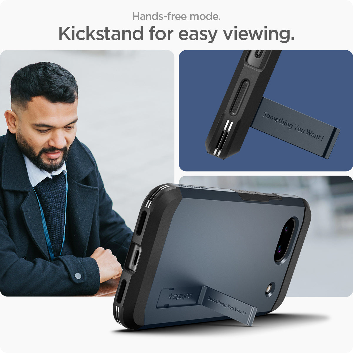 ACS07265 - Pixel 8a Case Tough Armor in Metal Slate showing the Hands-free mode. Kickstand for easy viewing