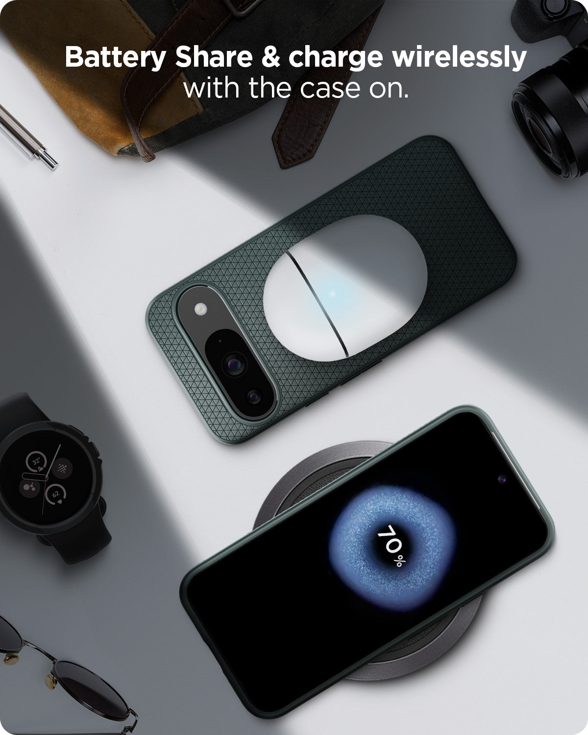 ACS07683 - Pixel 9 Pro Case Liquid Air in Abyss Green battery share and charge wirelessly with the case on.