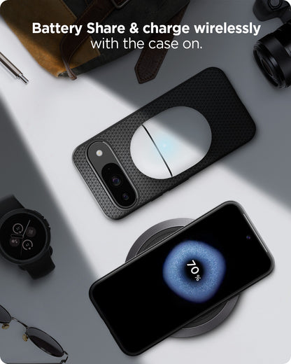 ACS07682 - Pixel 9 Pro Case Liquid Air in Matte Black battery share and charge wirelessly with the case on.
