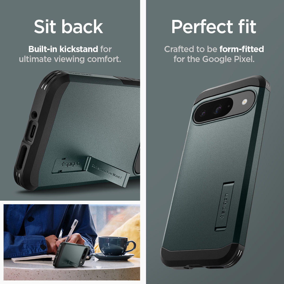 ACS07694 - Pixel 9 Pro Case Tough Armor in Abyss Green sit back built in kick stand for ultimate viewing comfort. Perfect fit crafted to be form fitted for the google pixel.