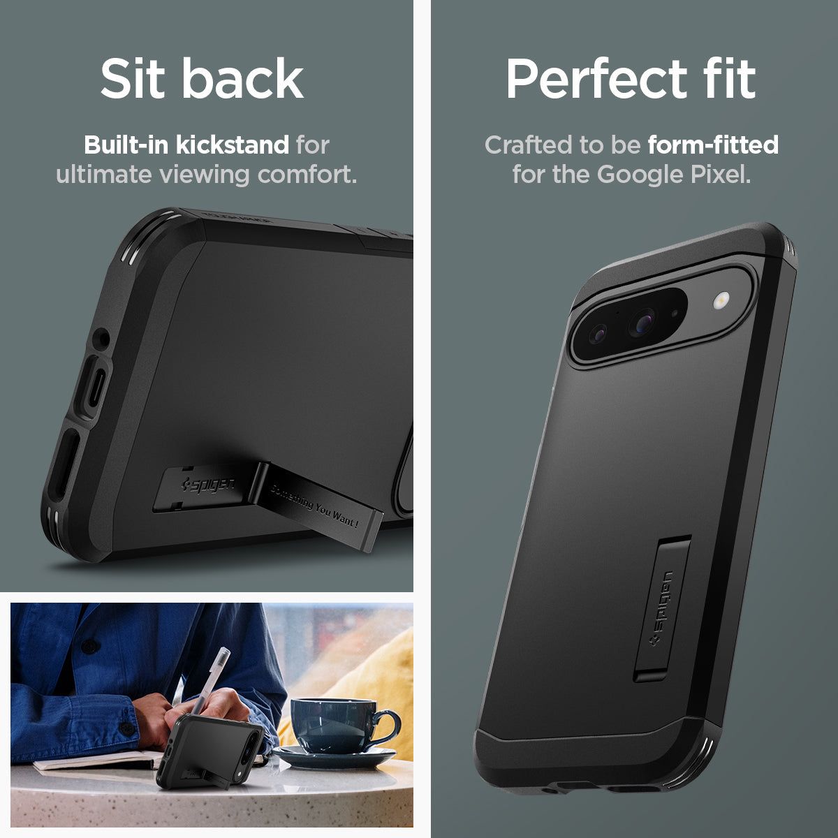 ACS07692 - Pixel 9 Pro Case Tough Armor in Black sit back built in kick stand for ultimate viewing comfort. Perfect fit crafted to be form fitted for the google pixel.