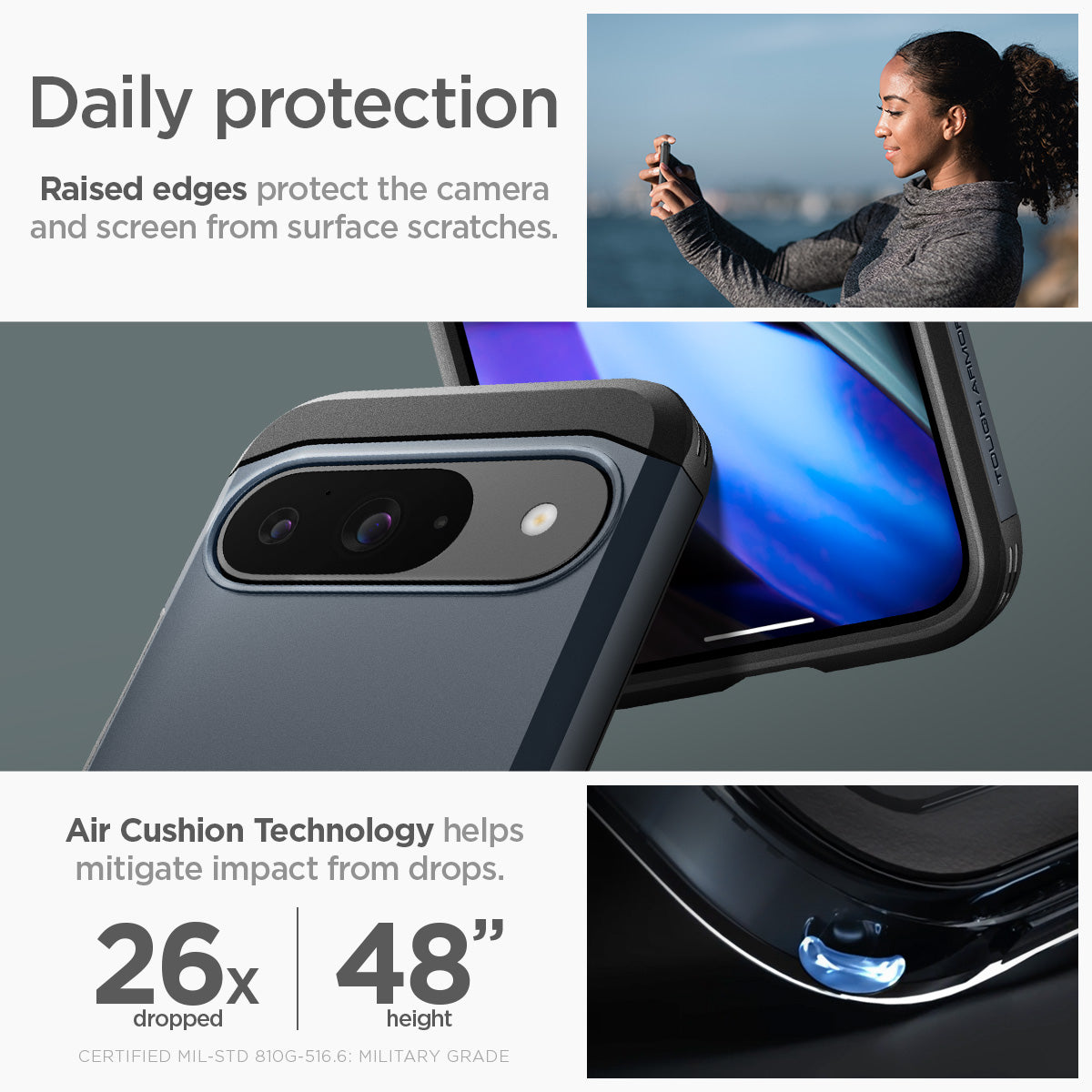 ACS07693 - Pixel 9 Pro Case Tough Armor in Metal Slate daily protection raised edges protect the camera and screen from surface scratches. Air cushion technology helps mitigate impact from drops.