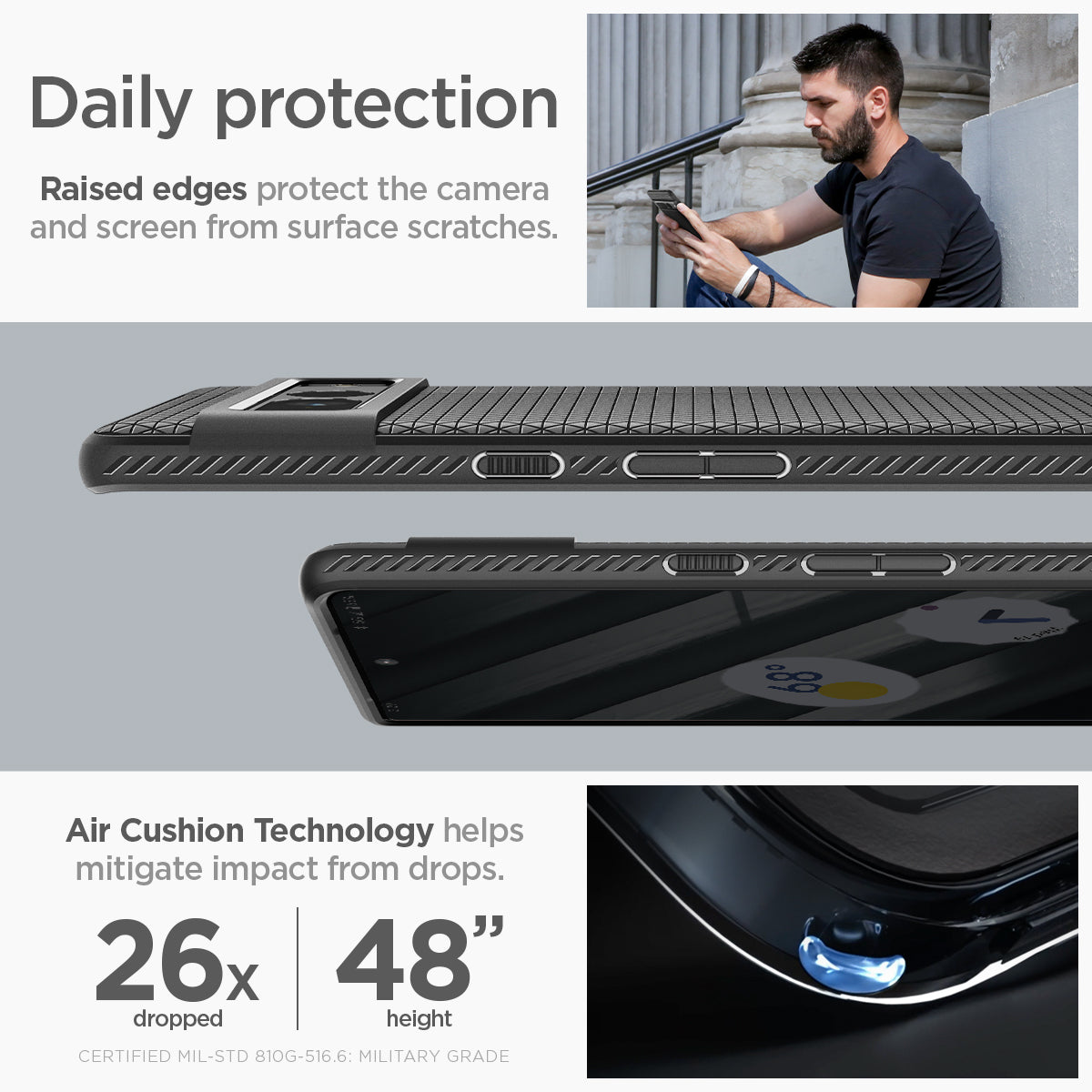 ACS04723 - Pixel 7 Pro Case Liquid Air in matte black daily protection raised edges protect the camera and screen from surface scratches. Air cushion technology helps mitigate impact from drops.