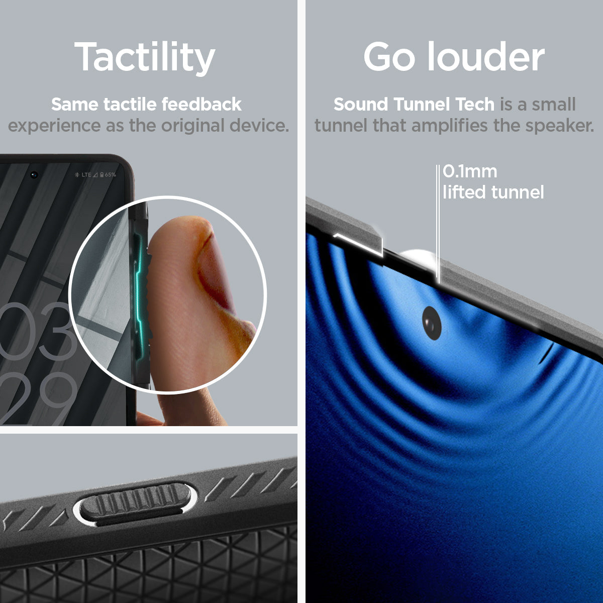ACS04723 - Pixel 7 Pro Case Liquid Air in matte black tactility same tactile feedback experience as the original device. go louder sound tunnel tech is a small tunnel that amplifies the speaker. 0.1mm lifted tunnel.