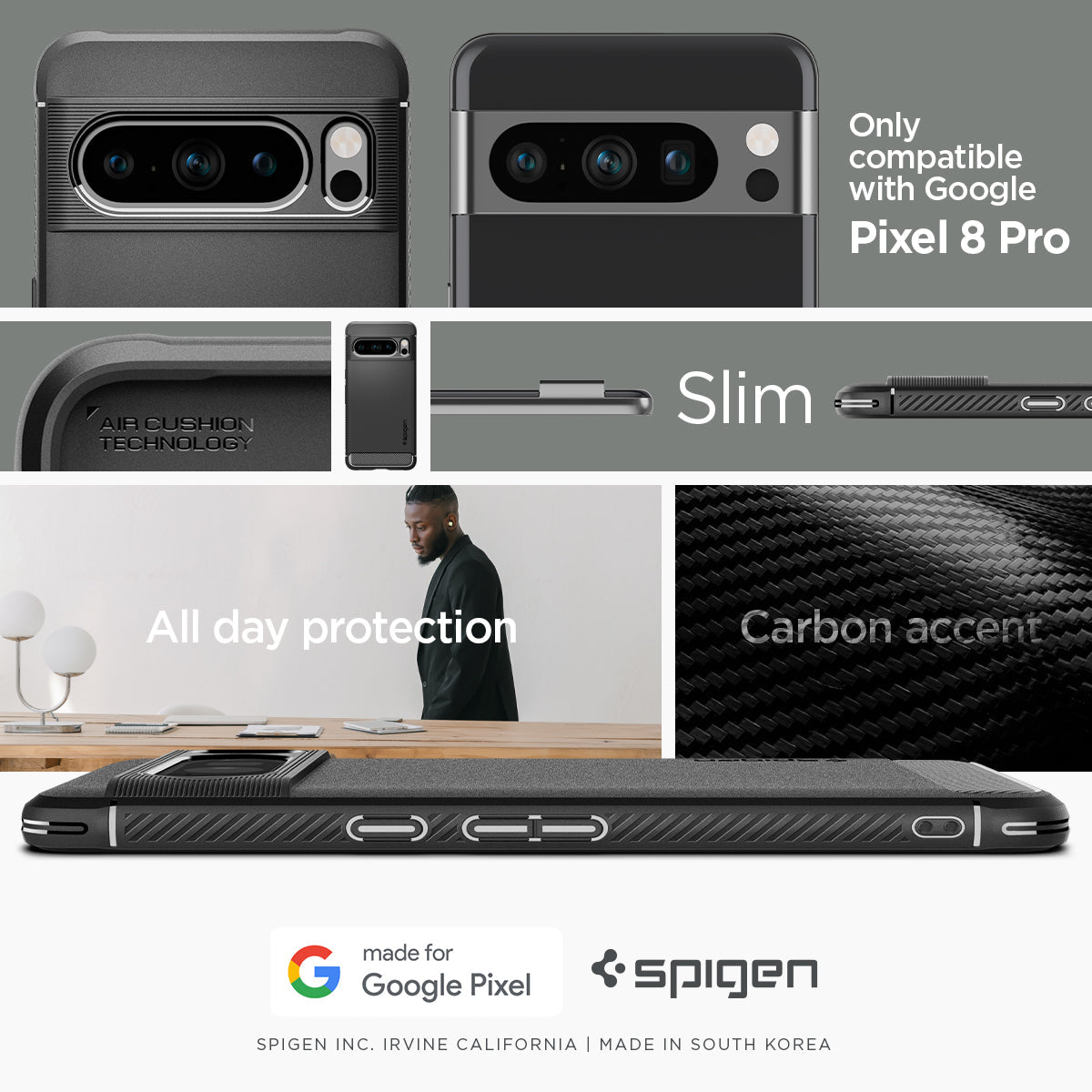 ACS06314 - Pixel 8 Pro Case Rugged Armor in matte black only compatible with Pixel 8 pro. all day protection. optimal grip. carbon accents.
