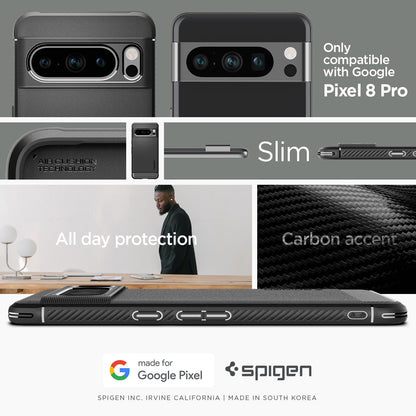 ACS06314 - Pixel 8 Pro Case Rugged Armor in matte black only compatible with Pixel 8 pro. all day protection. optimal grip. carbon accents.