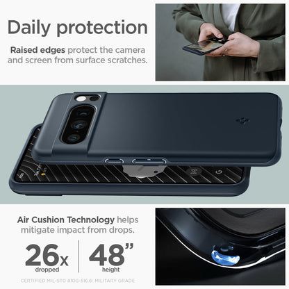 ACS06326 - Pixel 8 Pro Case Thin Fit in metal slate daily protection raised edges protect the camera and screen from surface scratches. Air cushion technology helps mitigate impact from drops.