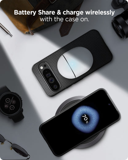 ACS07716 - Pixel 9 Pro XL Case Liquid Air in Matte Black battery share and charge wirelessly with the case on.