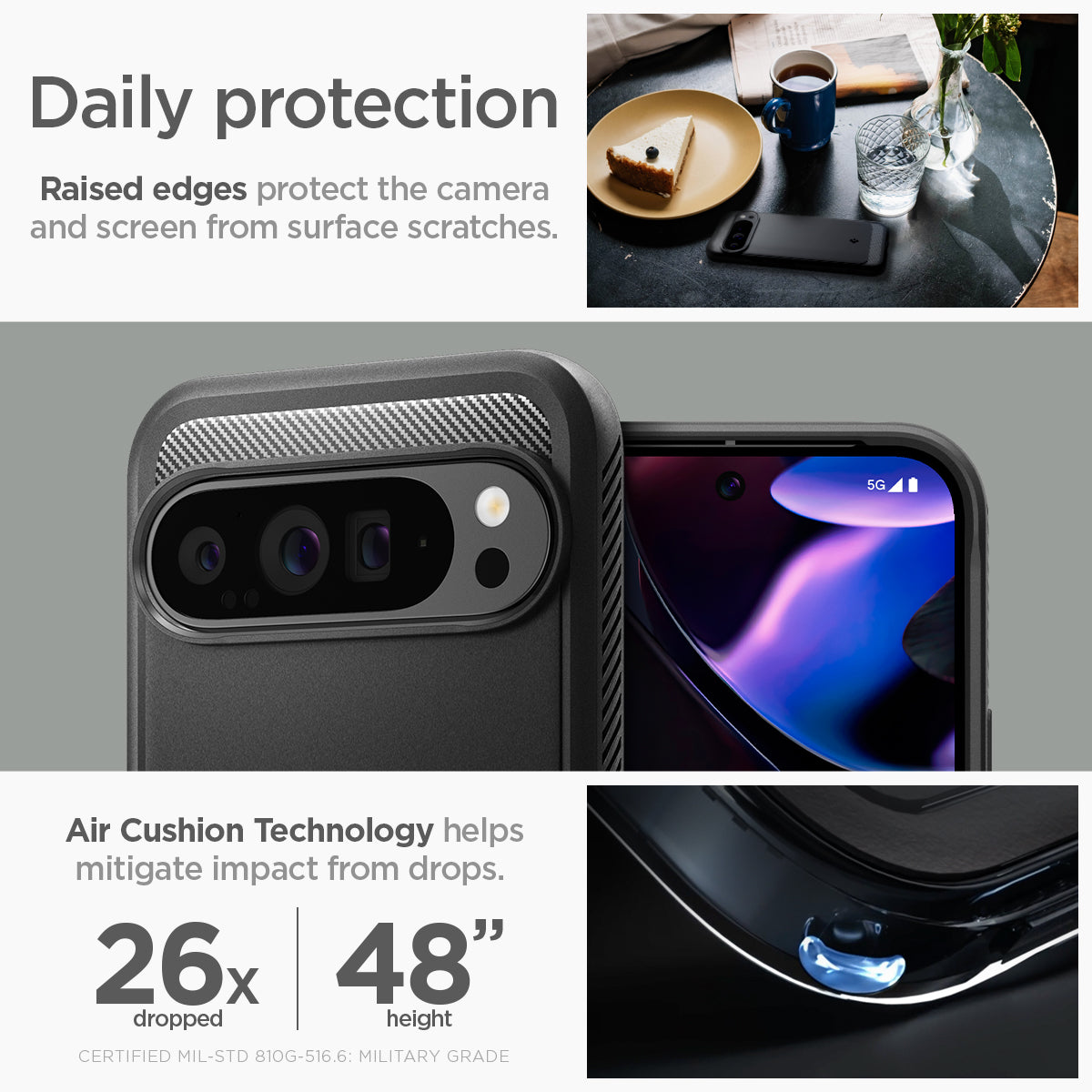 ACS07719 - Pixel 9 Pro XL Case Rugged Armor in Matte Black daily protection raised edges protect the camera and screen from surface scratches. Air cushion technology helps mitigate impact from drops.
