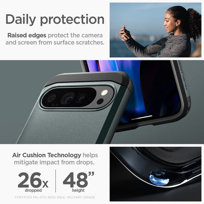 ACS07728 - Pixel 9 Pro XL Case Tough Armor in Abyss Green daily protection raised edges protect the camera and screen from surface scratches. Air cushion technology helps mitigate impact from drops.