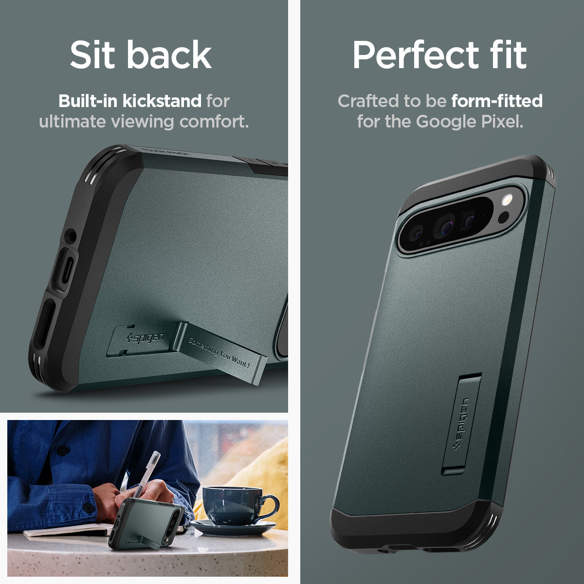ACS07728 - Pixel 9 Pro XL Case Tough Armor in Abyss Green sit back built in kick stand for ultimate viewing comfort. Perfect fit crafted to be form fitted for the google pixel.