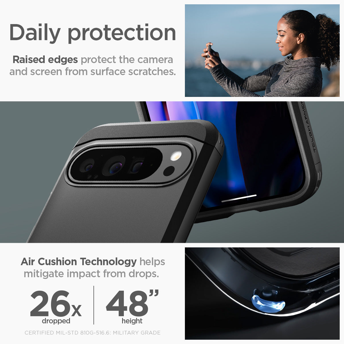 ACS07726 - Pixel 9 Pro XL Case Tough Armor in Black daily protection raised edges protect the camera and screen from surface scratches. Air cushion technology helps mitigate impact from drops.