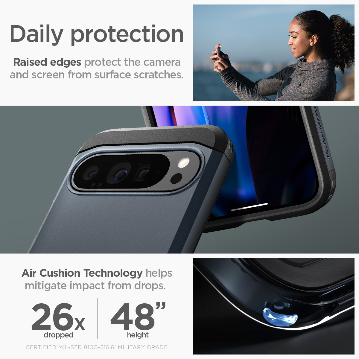 ACS07727 - Pixel 9 Pro XL Case Tough Armor in Metal Slate daily protection raised edges protect the camera and screen from surface scratches. Air cushion technology helps mitigate impact from drops.