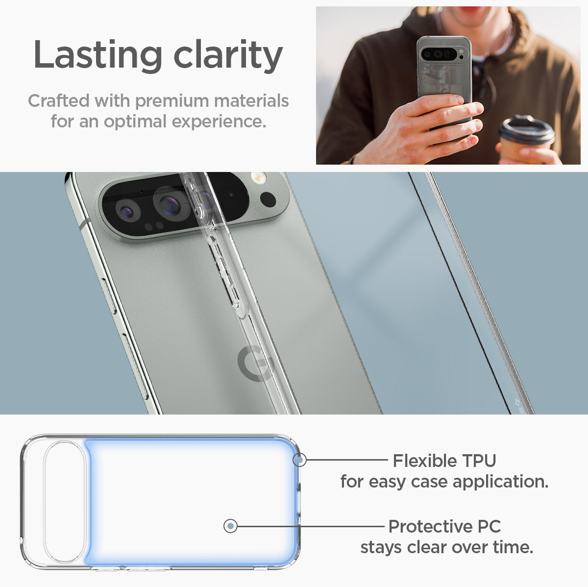ACS07721 - Pixel 9 Pro XL Case Ultra Hybrid in Crystal Clear Lasting clarity crafted with premium materials for an optimal experience. Flexible TPU for easy case application. Protective PC stays clear over time.