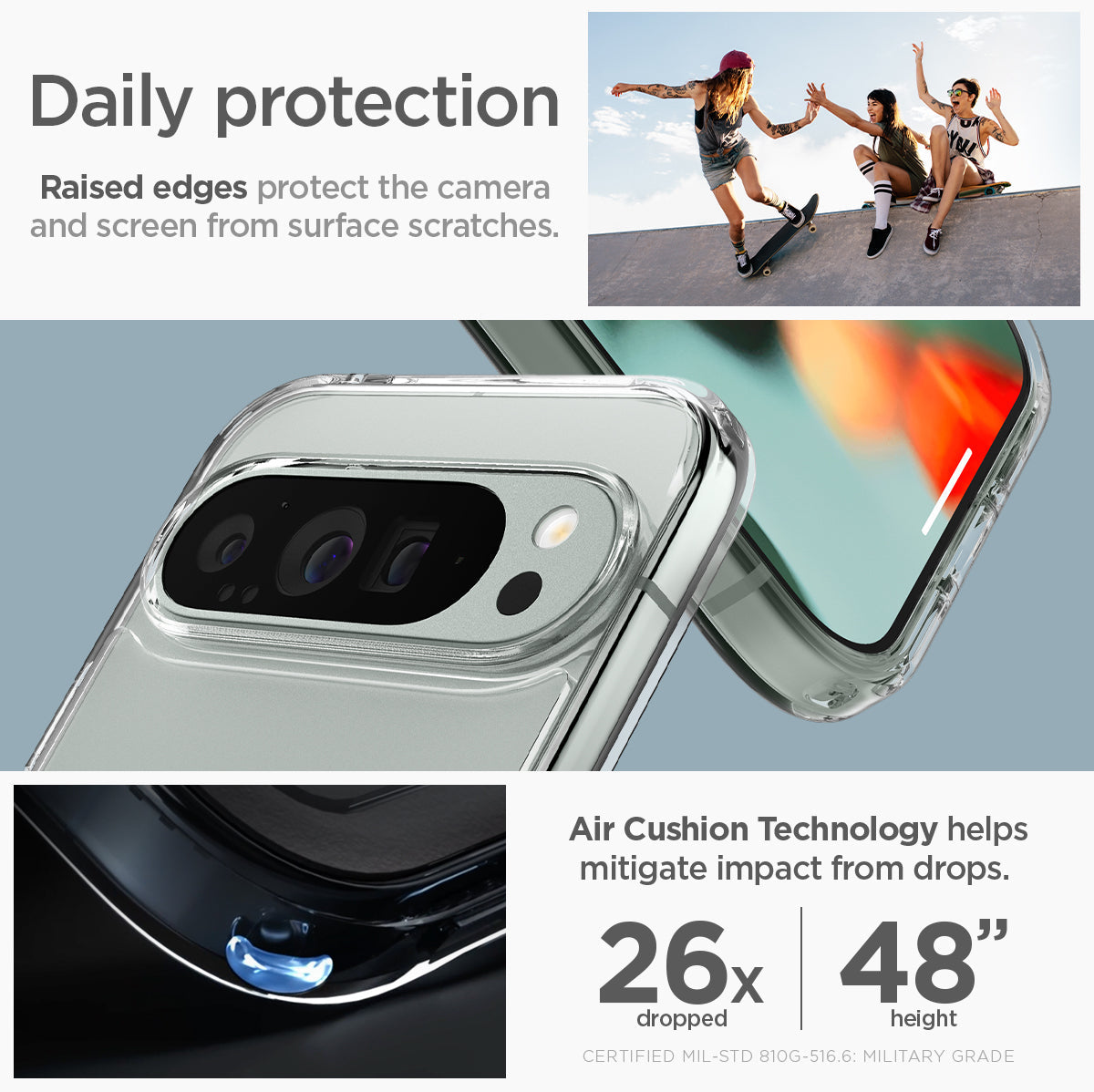 ACS07721 - Pixel 9 Pro XL Case Ultra Hybrid in Crystal Clear daily protection raised edges protect the camera and screen from surface scratches. Air cushion technology helps mitigate impact from drops.