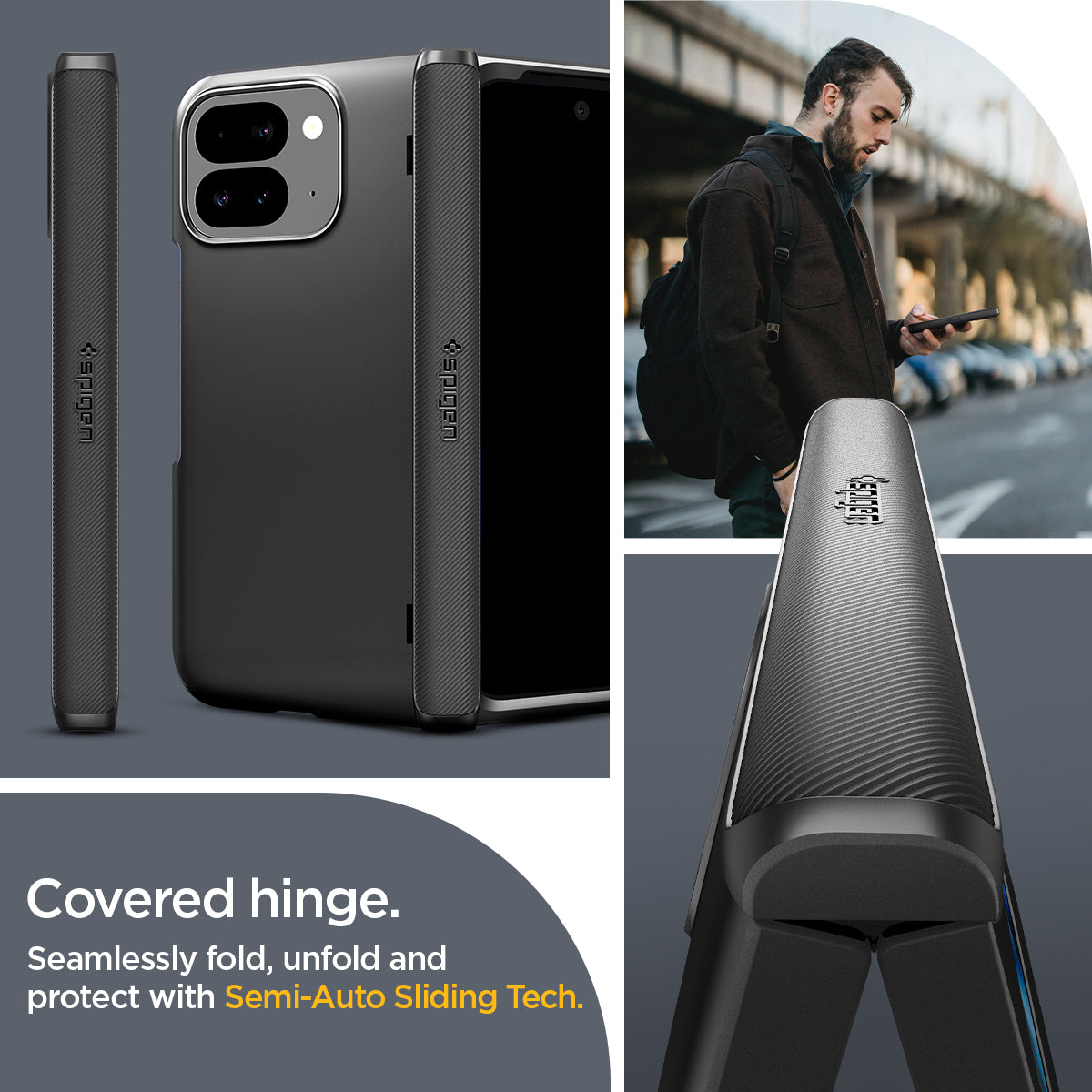 ACS07587 - Pixel 9 Pro Fold Case Slim Armor Pro in Black covered hinge. seamlessly fold, unfold and protect with semi auto sliding tech.