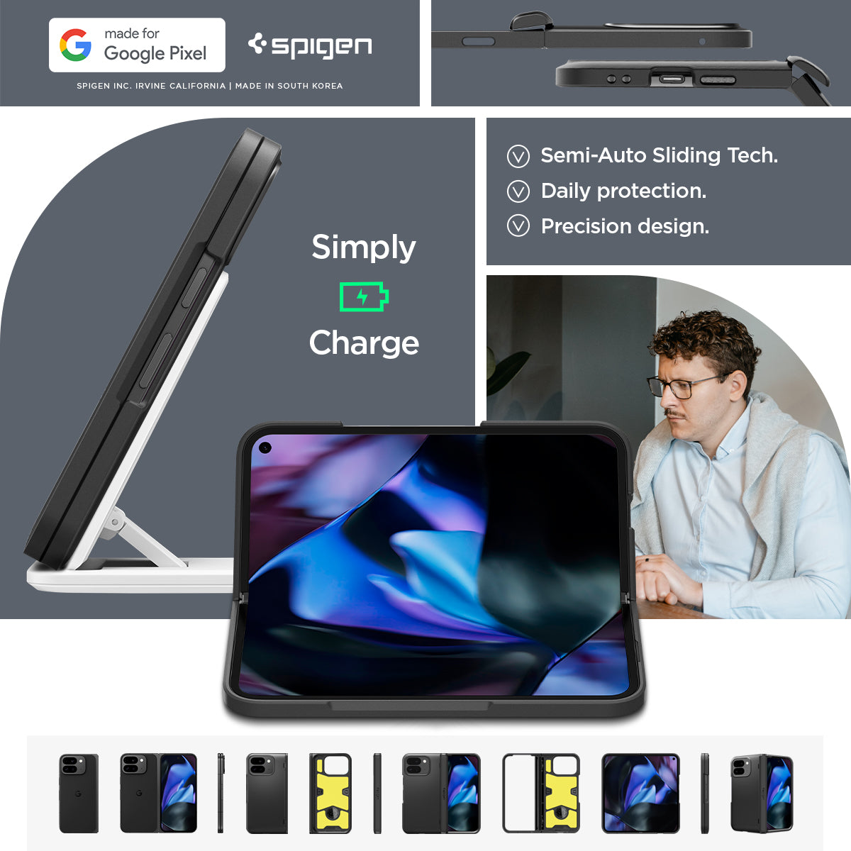 ACS07587 - Pixel 9 Pro Fold Case Slim Armor Pro in Black made for google. Simply charge. semi auto sliding tech. daily protection. precision design.