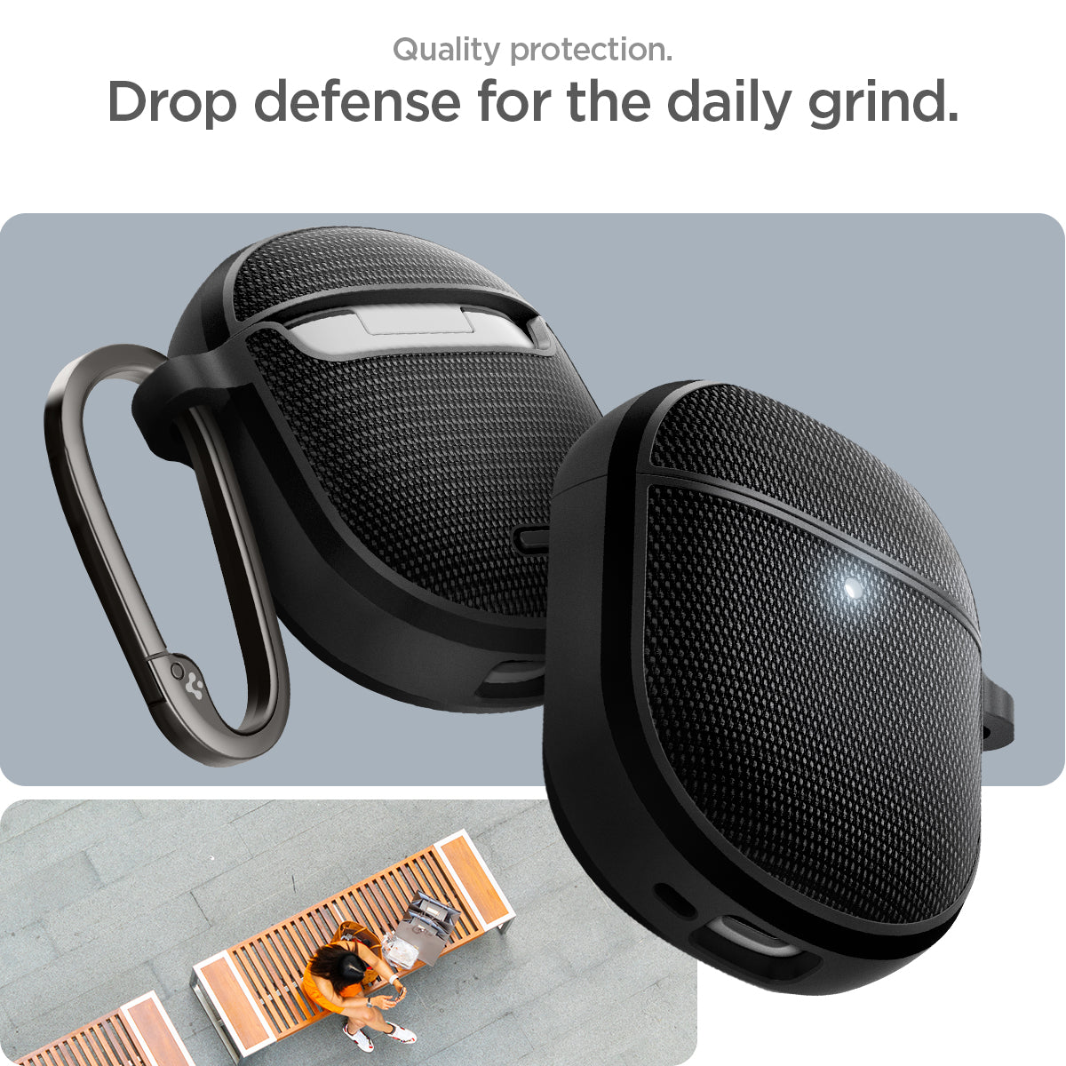 ACS07605 - Pixel Buds Pro 2 Series Case Classic Fit in black showing the quality protection. Drop defense for the daily grind