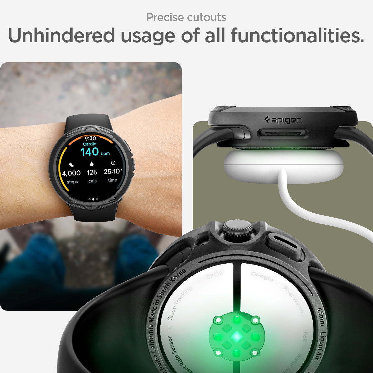 ACS07598 - Pixel Watch 3 (45mm) Case Liquid Air in Matte Black precise cutouts. Unhindered usage of all functionalities.