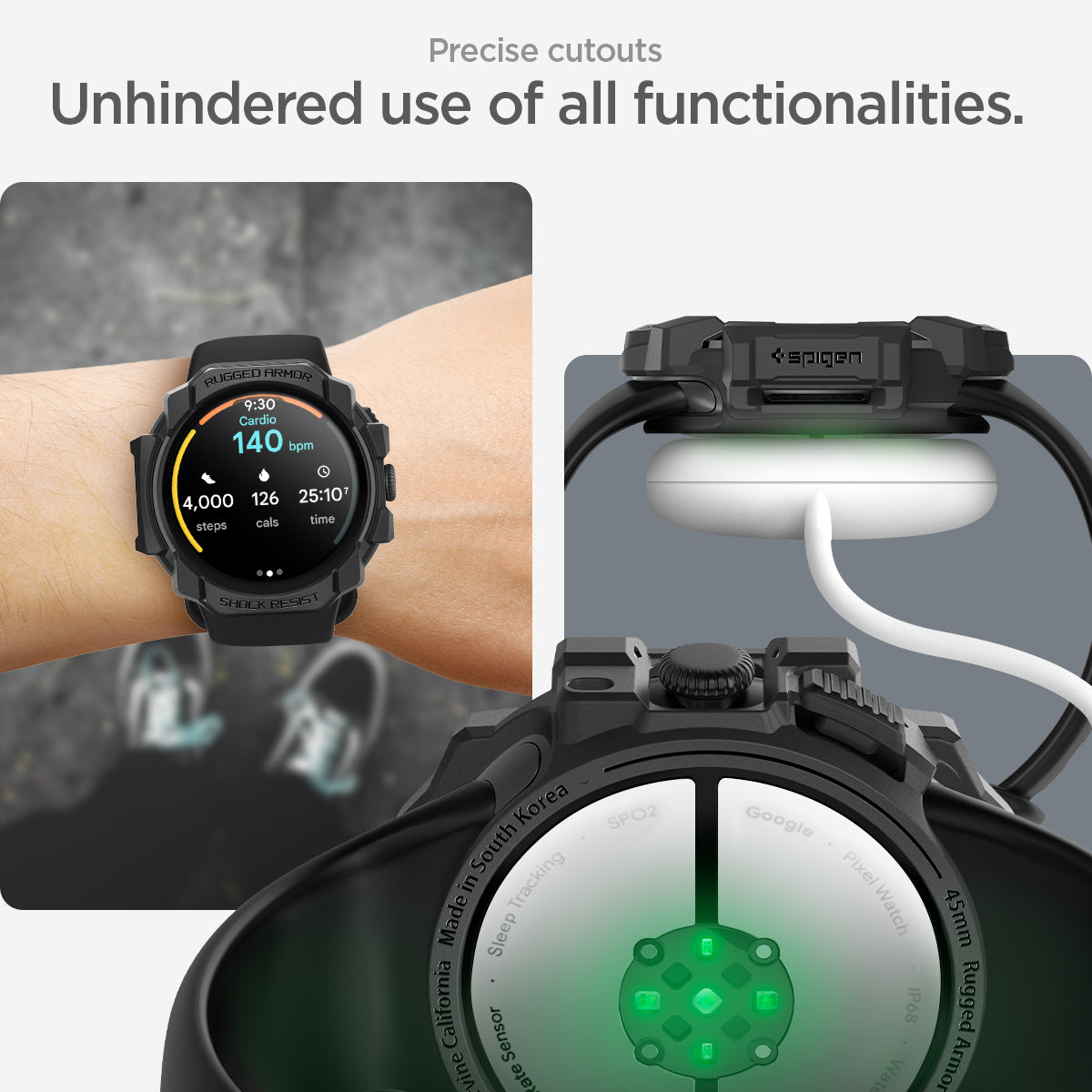 ACS07597 - Pixel Watch 3 (45mm) Rugged Armor in Matte Black precise cutouts. Unhindered use of all functionalities.