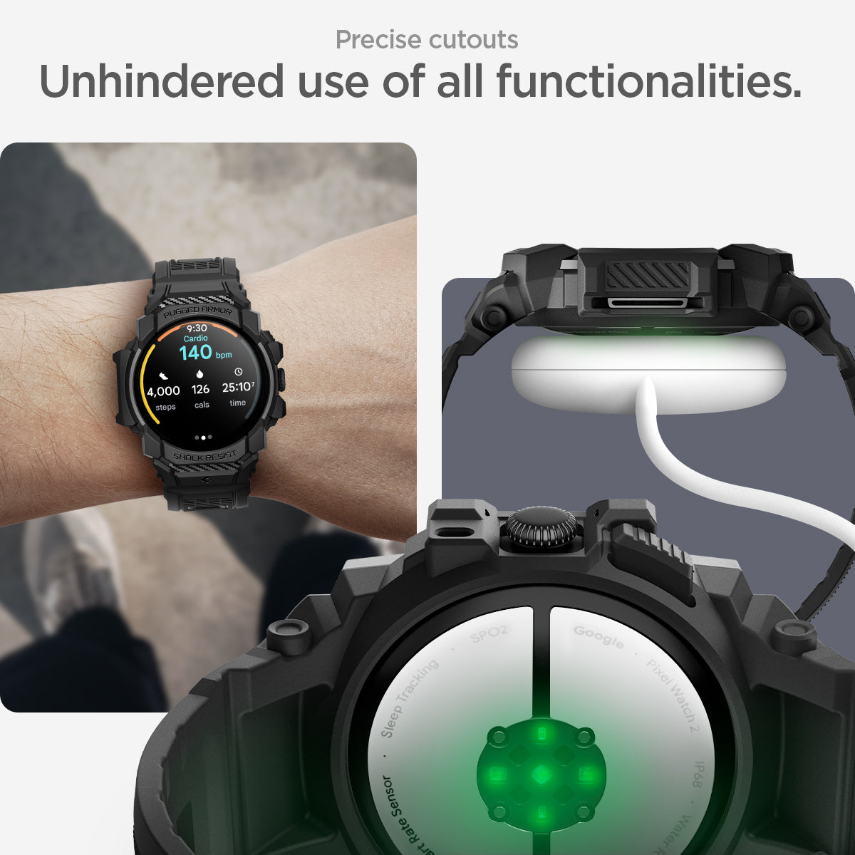 ACS07599 - Pixel Watch 3 (45mm) Case Rugged Armor Pro in Black precise cutouts. unhindered usage of all functionalities.