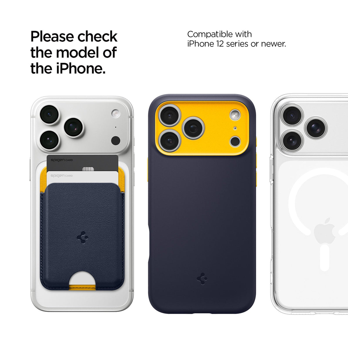 AFA06390 - MagSafe Card Holder Nano Pop (Mag Fit) in Blueberry Navy showing the compatibility. Compatible only with iPhone 12 series or newer
