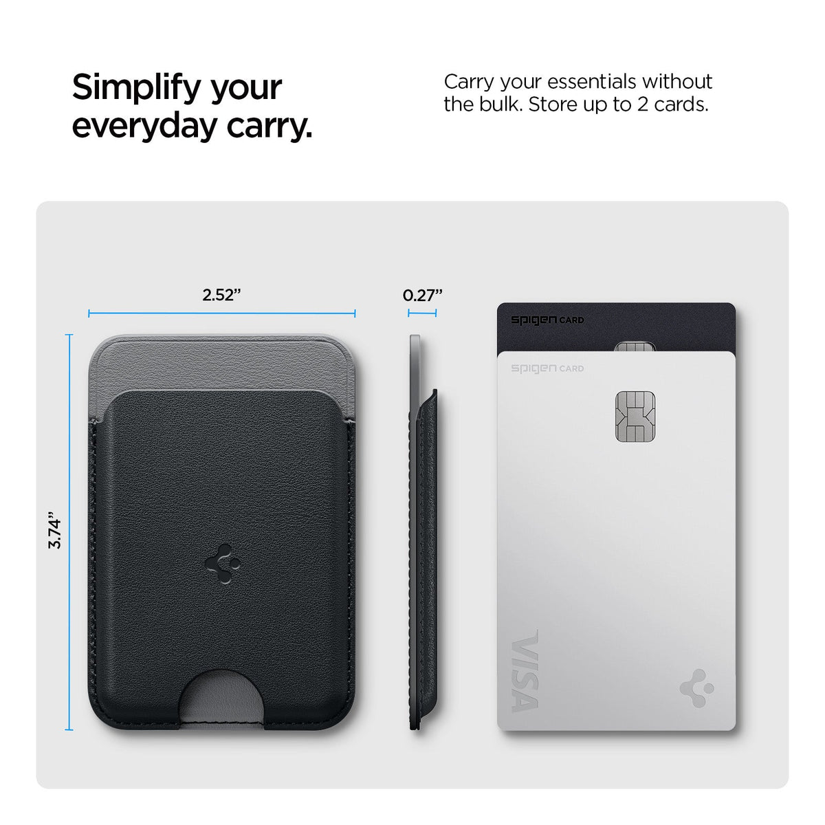 AFA06997 - MagSafe Card Holder Nano Pop (Mag Fit) in Black Sesame showing how it simplifies your everyday carry. Carry your essentials without the bulk. Store up to 2 cards. 3.74"x2.52"x0.27"