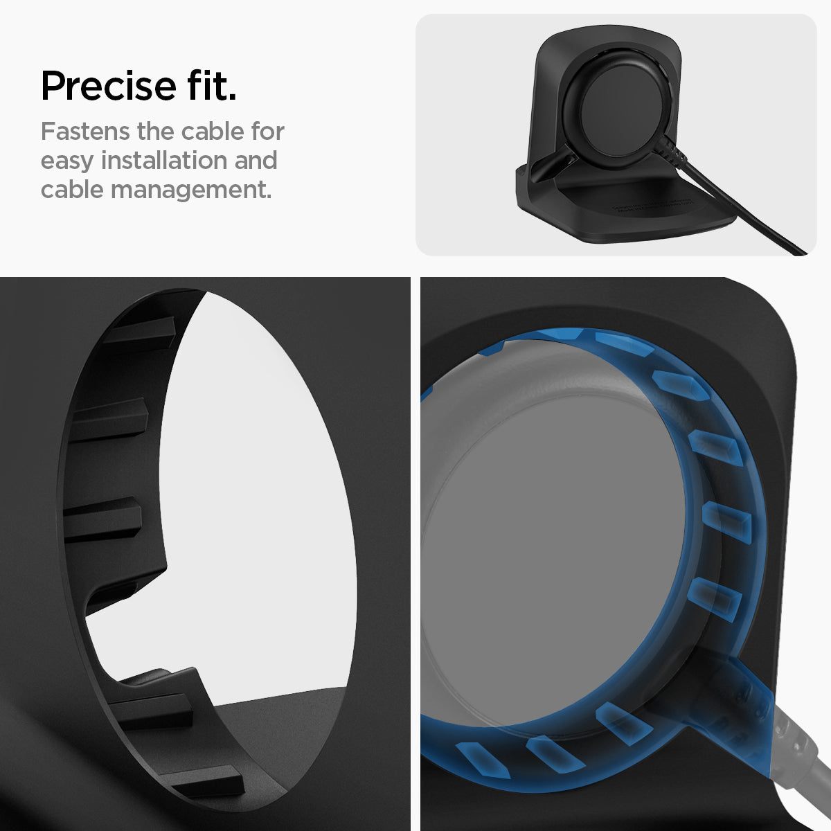 AMP05302 - Galaxy Watch Night Stand S353 in black showing the precise fit. Fastens the cable for easy installation and cable management