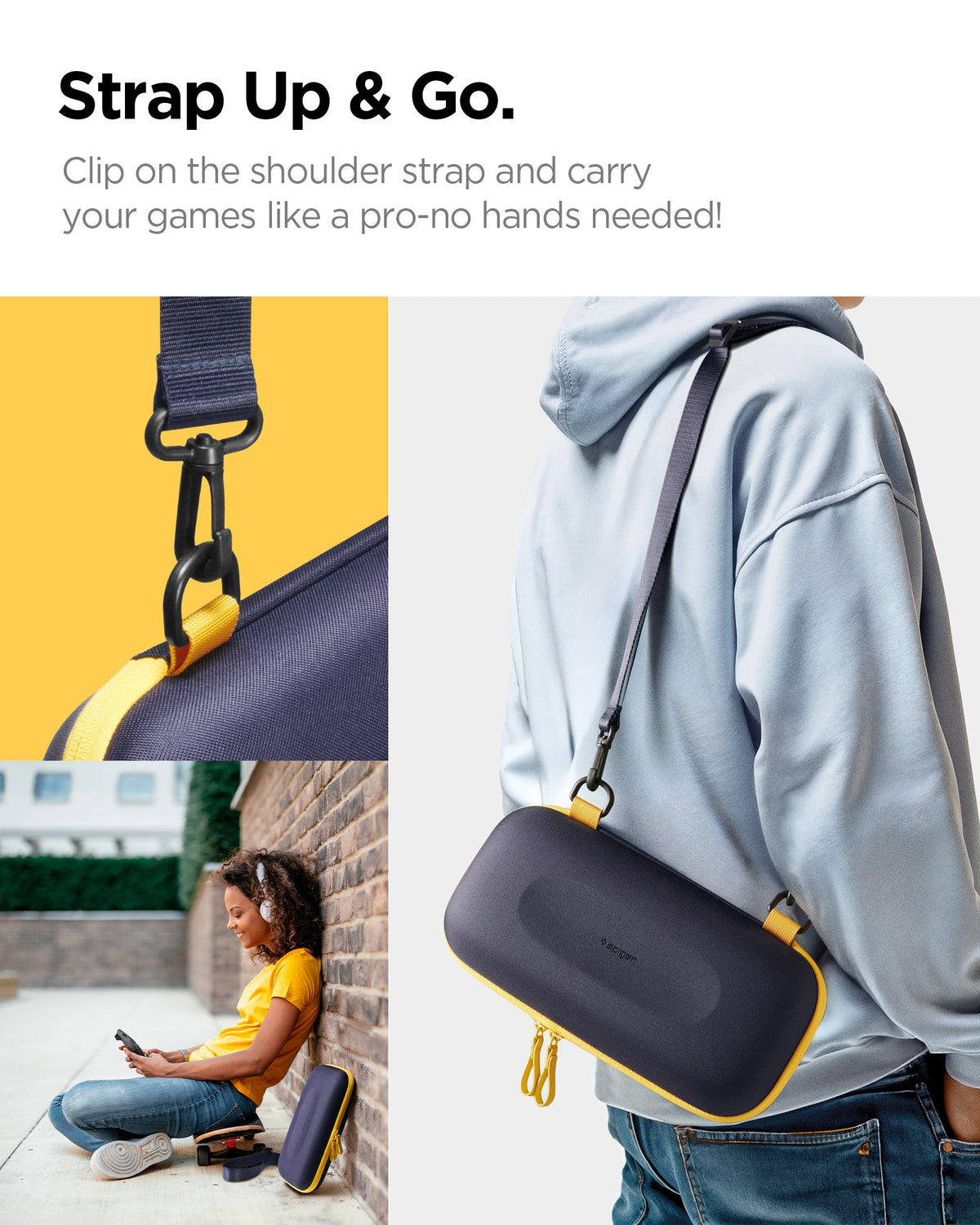 AGP09565 - Nintendo Switch 2 Nano Pop Pro Blueberry Navy showing clipping on the shoulder strap and carry your games like a pro-no hands needed just strap and go