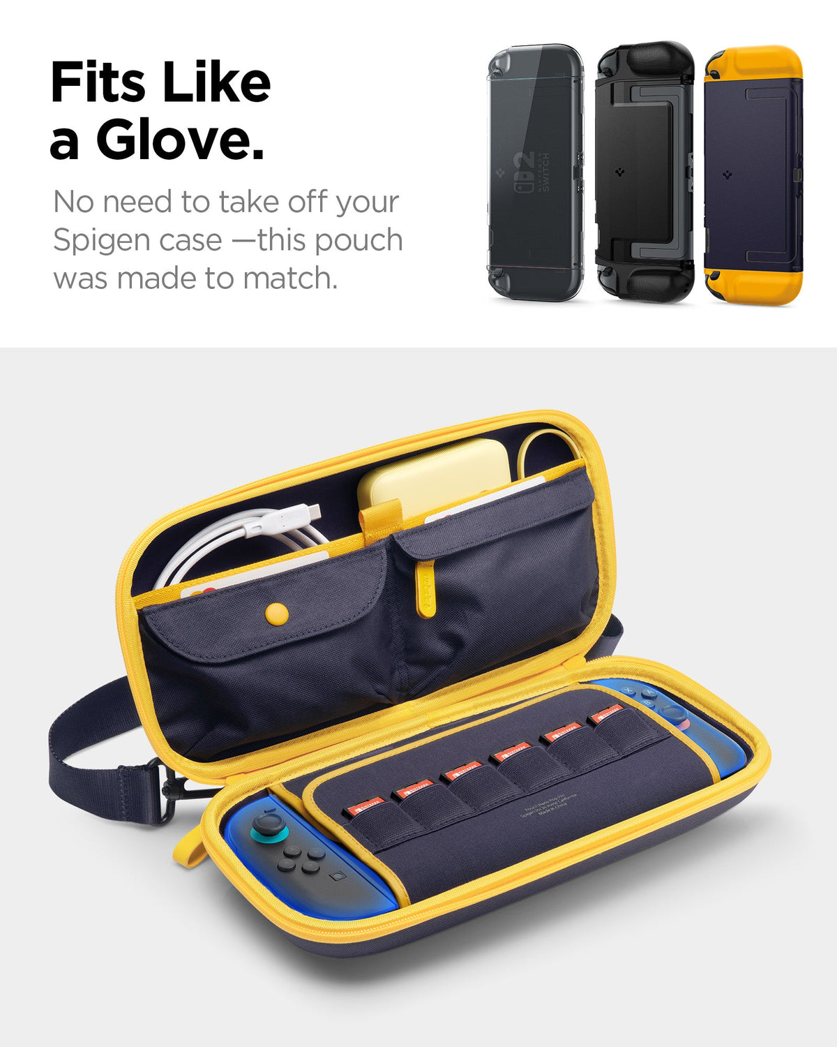 AGP09565 - Nintendo Switch 2 Nano Pop Pro Blueberry Navy showing fitting like a glove. No need to take off your Spigen case-this ouch was made to match