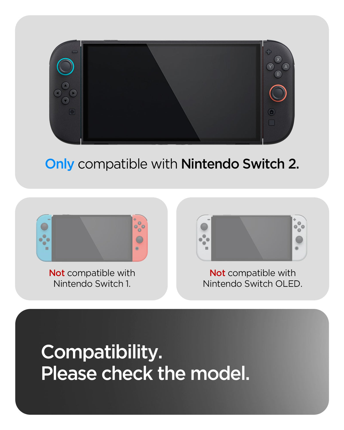 ACS10487 - Nintendo Switch 2 Thin Fit 360 in Black showing the compatibility. Only compatible with Nintendo Switch 2. Not compatible with Nintendo Switch 1 and Nintendo Switch OLED