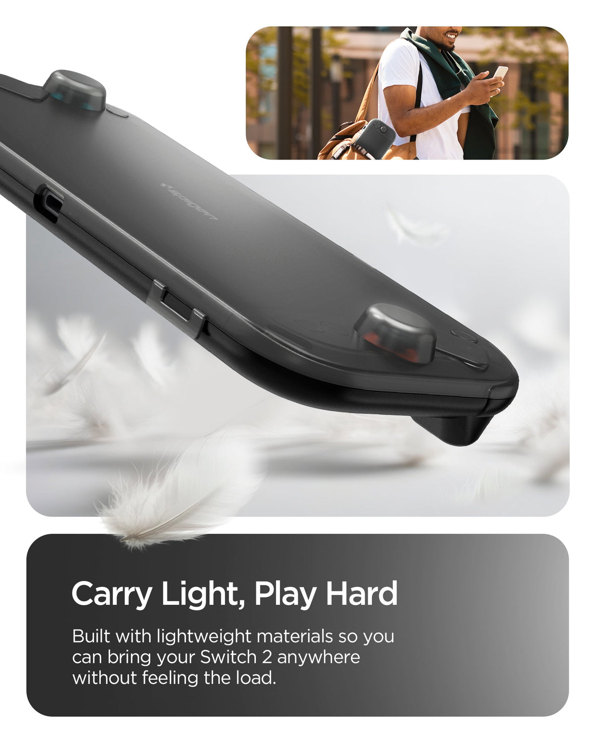ACS10487 - Nintendo Switch 2 Thin Fit 360 in Black showing the built with lightweight materials so you can bring your Switch 2 anywhere without feeling the load