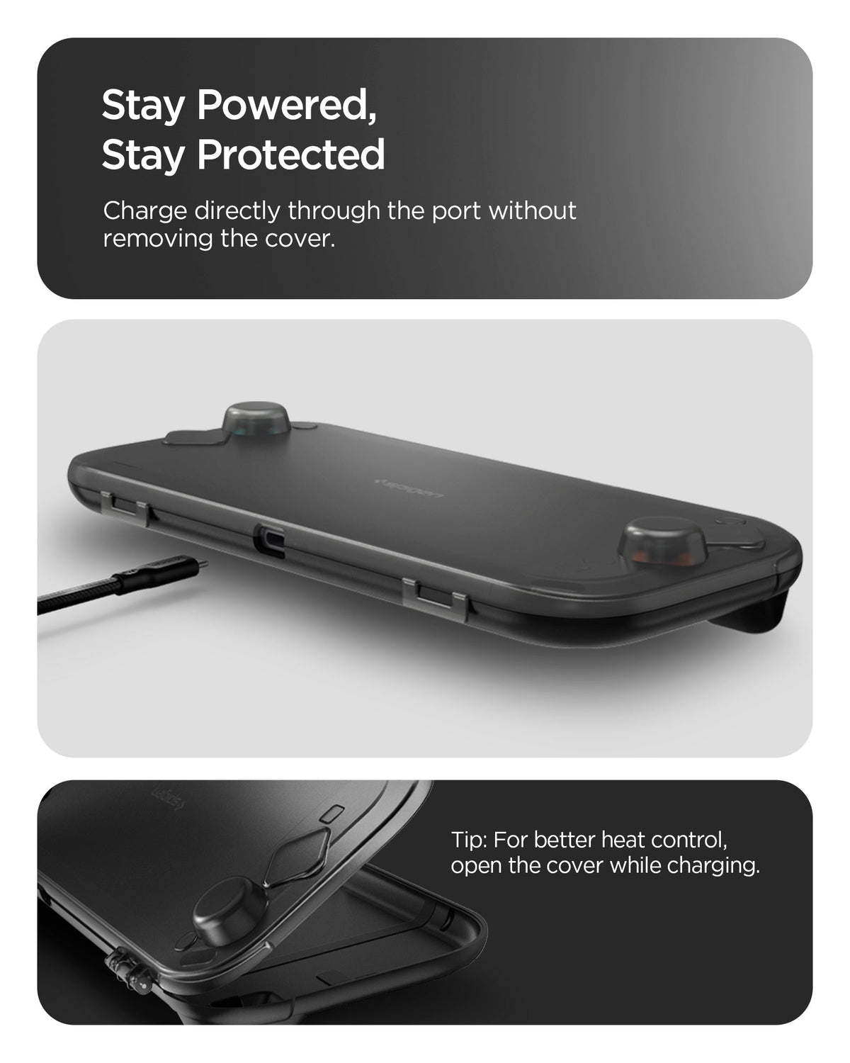 ACS10487 - Nintendo Switch 2 Thin Fit 360 in Black showing how to stay powered and protected. Charge directly through the port without removing the cover. Tip: For better heat control, open the cover while charging