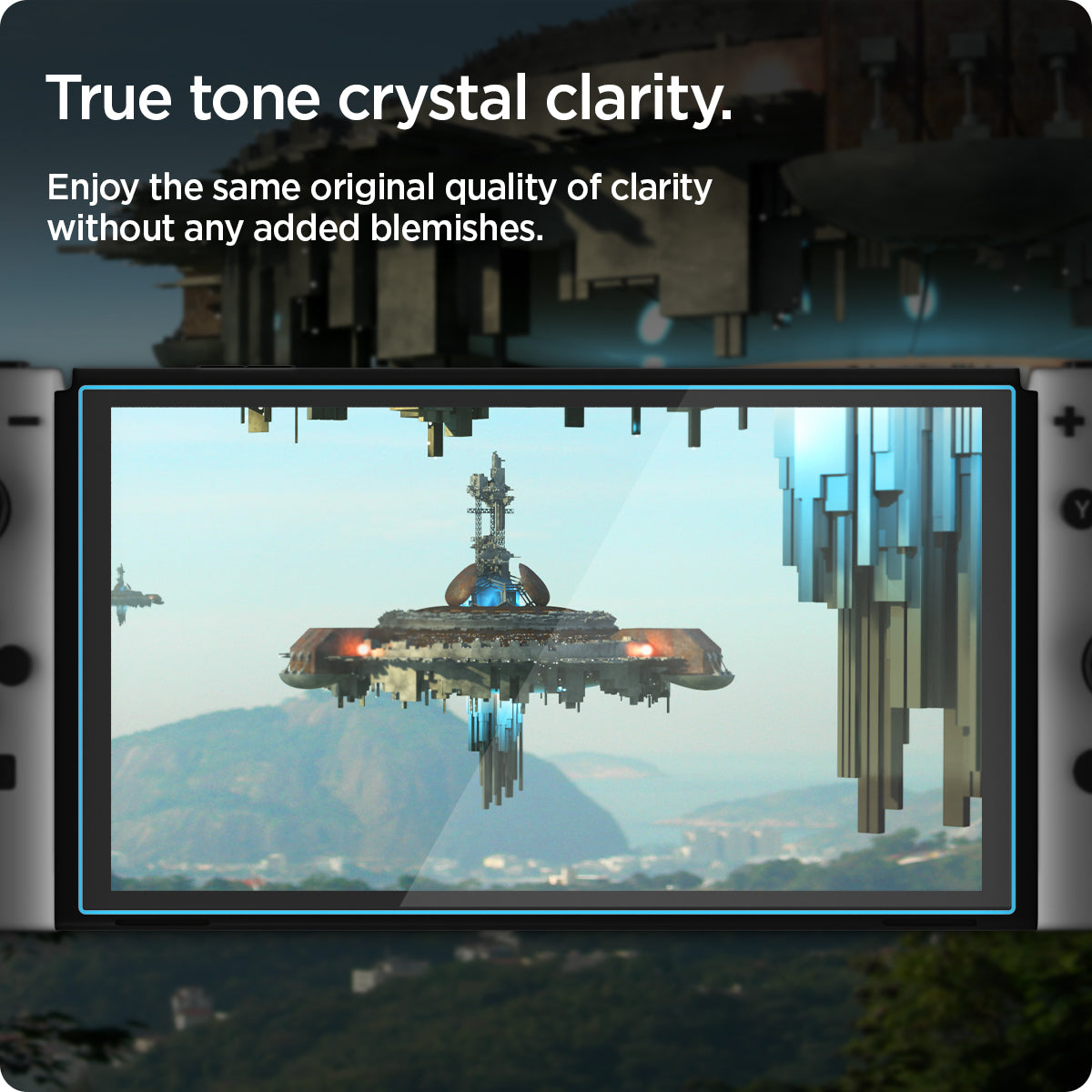 AGL03829 - Nintendo Switch OLED Screen Protector EZ Fit GLAS.tR showing the true tone crystal clarify. Enjoy the same original quality of clarity without any added blemishes