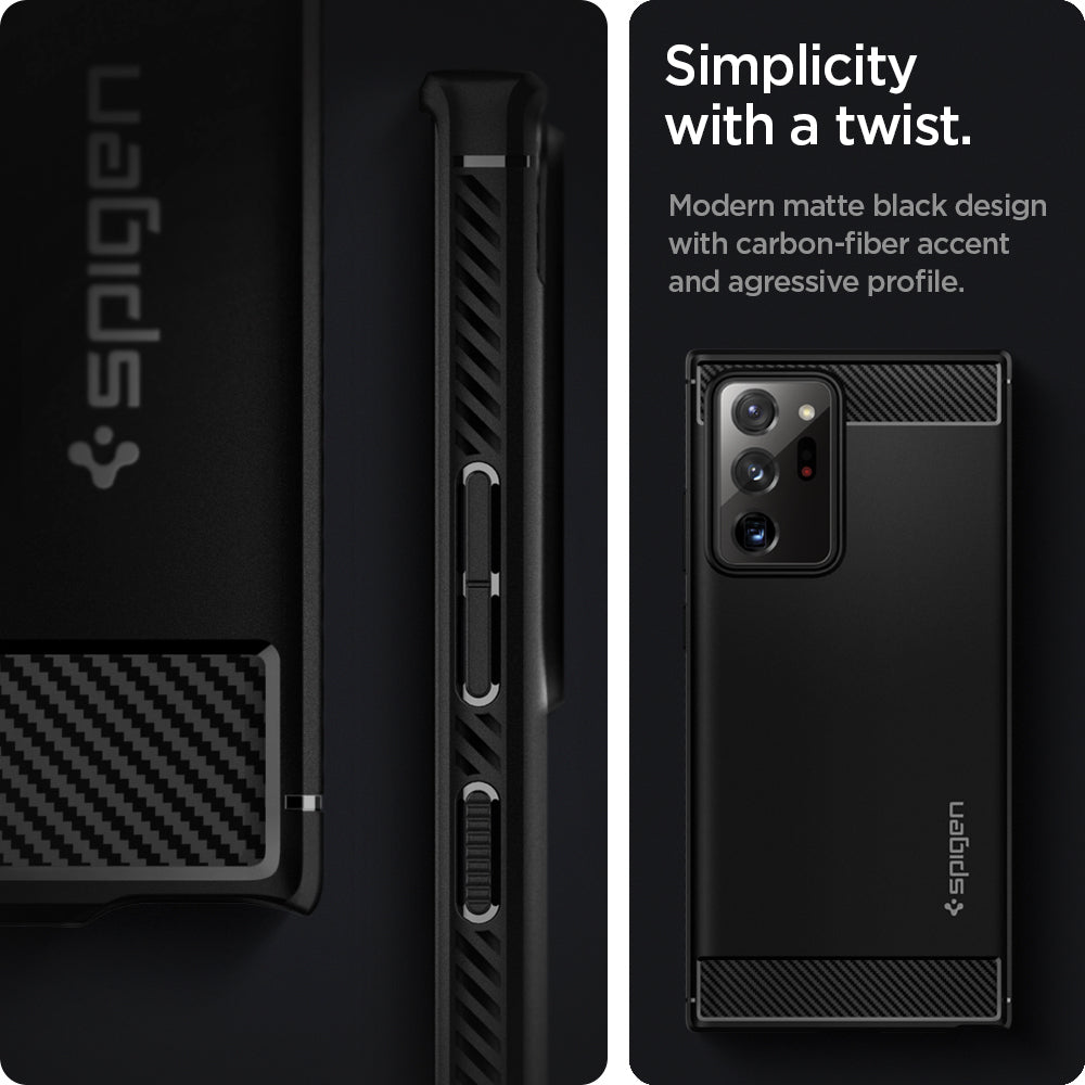 ACS01391 - Galaxy Note 20 Ultra Rugged Armor Case in matte black simplicity with a twist. Modern matte black design with carbon fiber accent and agressive profile.