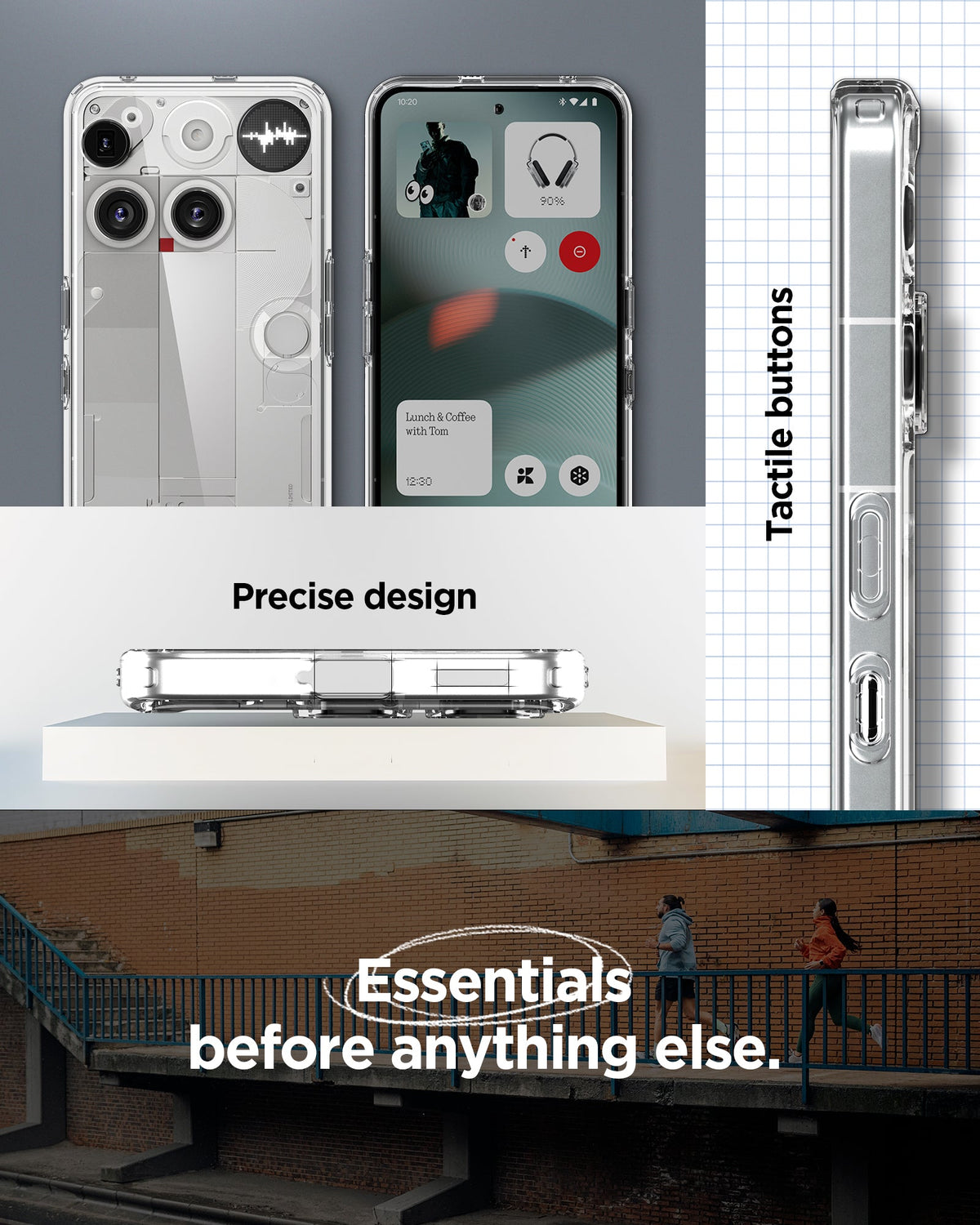 ACS08567 - Nothing Phone (3) Case Ultra Hybrid in Crystal Clear showing the precise design. Tactile buttons