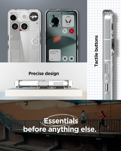 ACS08567 - Nothing Phone (3) Case Ultra Hybrid in Crystal Clear showing the precise design. Tactile buttons