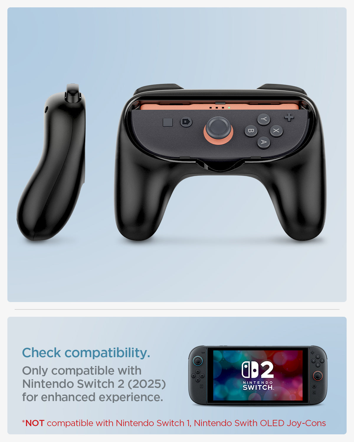 AGP10162 - Nintendo Switch Joy-Con Grip | NS100 in Black showing the compatibility. Only compatible with Nintendo Switch 2 (2025) for enhanced experience. Not compatible with Nintendo Switch 1, Nintendo Switch OLED Joy-Cons