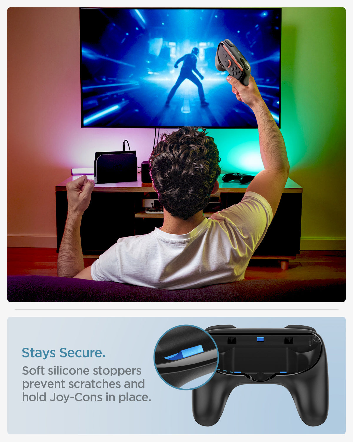 AGP10162 - Nintendo Switch Joy-Con Grip | NS100 in Black showing the soft silicone stoppers prevent scratches and hold Joy-Cons in Place