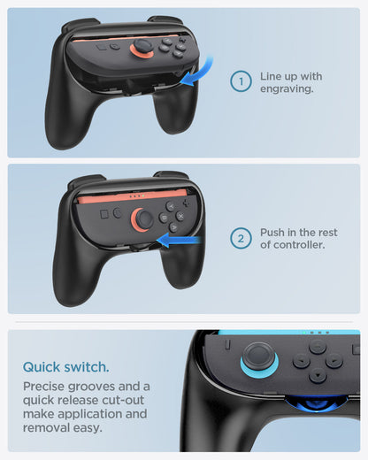 AGP10162 - Nintendo Switch Joy-Con Grip | NS100 in Black showing the quick switch. Precise grooves and a quick release cut-out make application and removal easy. 1. Line up with engraving 2. Push in the rest of controller