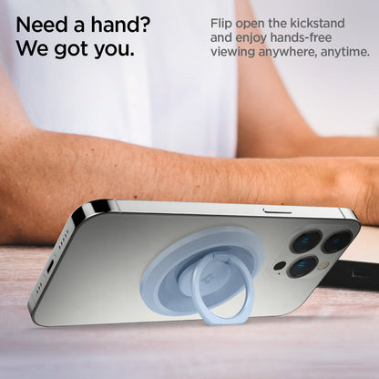 AMP05304 - O-Mag Magnetic Phone Holder (MagFit) in blue showing the flip open the kickstand and enjoy hand-free viewing anywhere, anytime