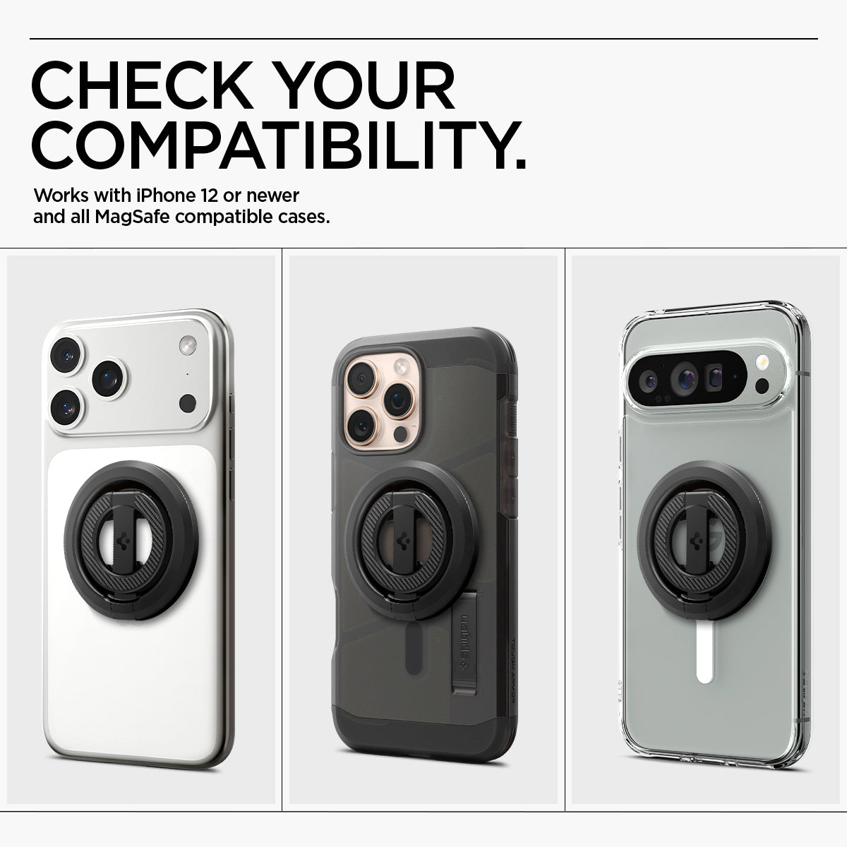 AMP08822 - O-Mag Magnetic Phone Holder (MagFit) OM102 in Black showing the compatibility. Works with iPhone 12 or newer and all MagSafe compatible cases