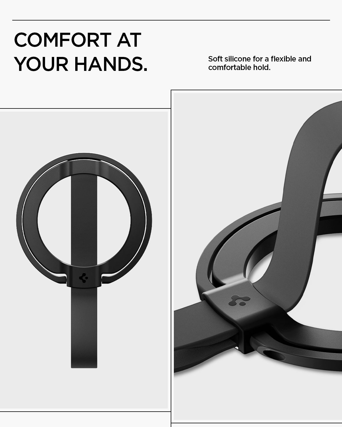 AMP08551 - O-Mag Magnetic Phone Holder (MagFit) | OM103 in Black comfort at your hands. soft silicone for a flexible and comfortable hold