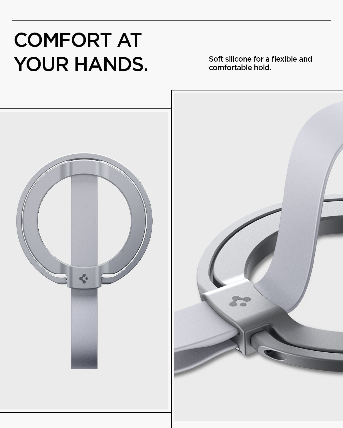 AMP10193 - O-Mag Magnetic Phone Holder (MagFit) | OM103 in Silver comfort at your hands. soft silicone for a flexible and comfortable hold