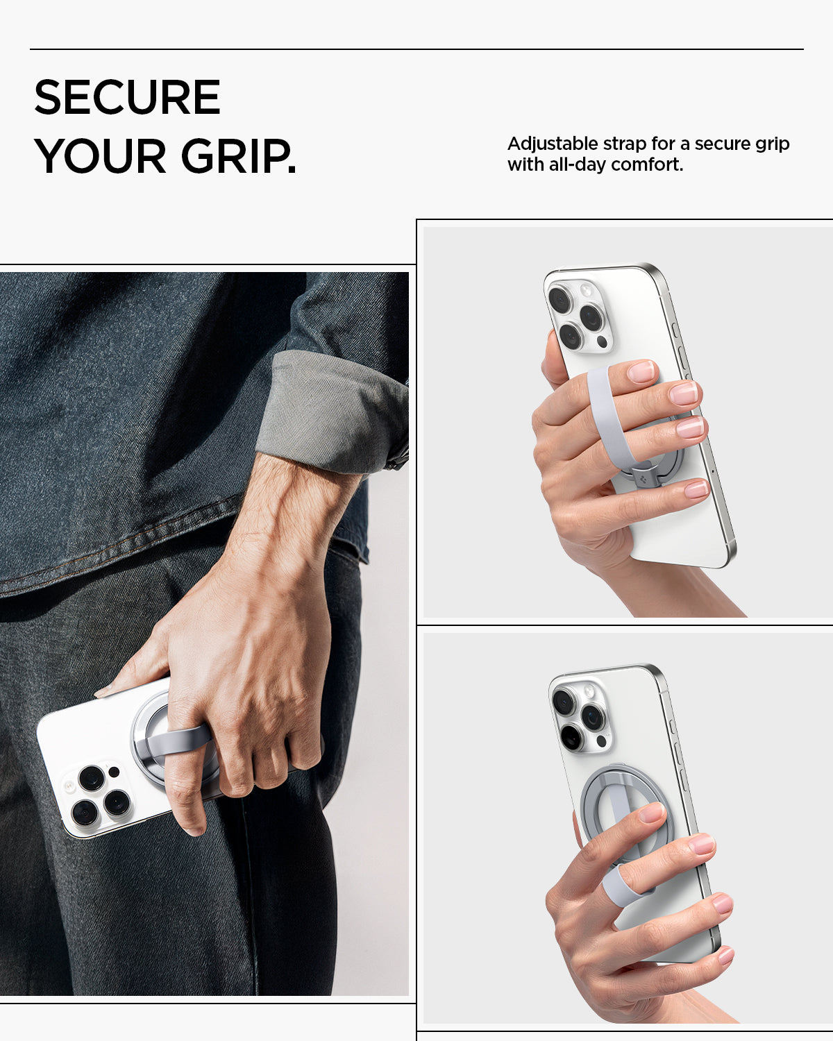 AMP10193 - O-Mag Magnetic Phone Holder (MagFit) | OM103 in Silver showing secure your grip. adjustable for secure grip with all day comfort